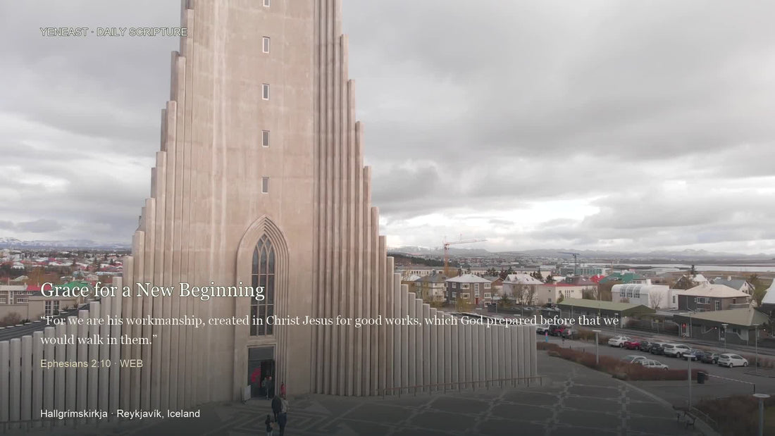 Hallgrímskirkja, Reykjavík, Iceland, with Ephesians 2:10 WEB