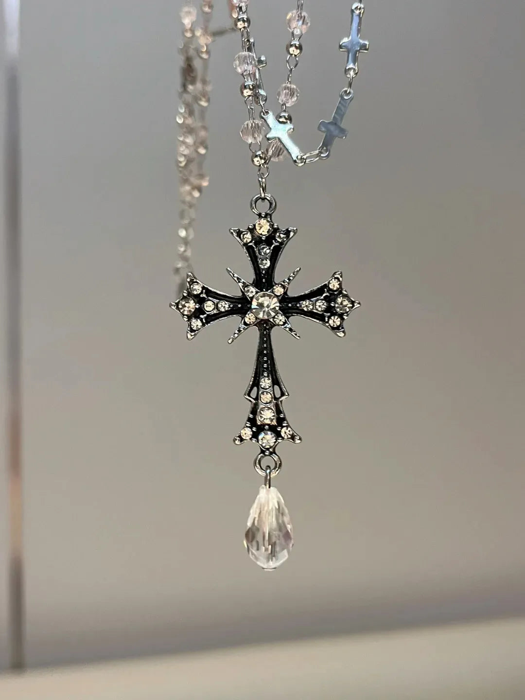 Vintage Crystal Cross Rosary Necklace