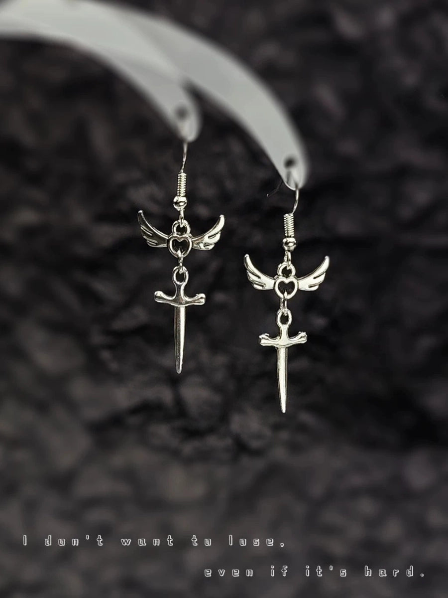Winged Heart Sword Dangle Earrings