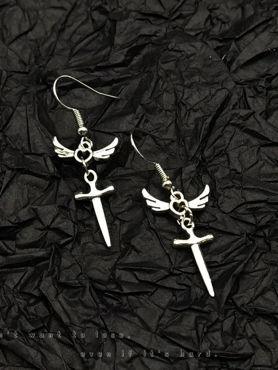 Winged Heart Sword Dangle Earrings