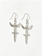 Winged Heart Sword Dangle Earrings