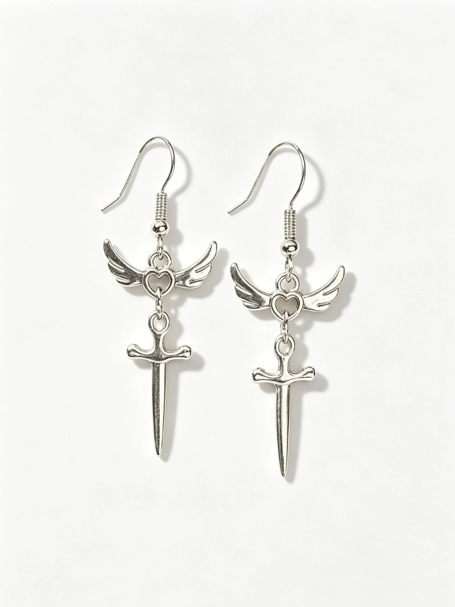 Winged Heart Sword Dangle Earrings