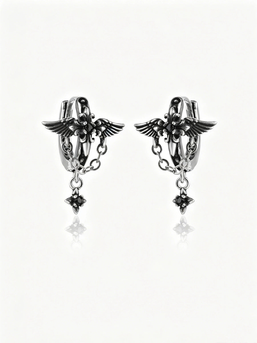 Gothic Winged Cross Chain Earrings