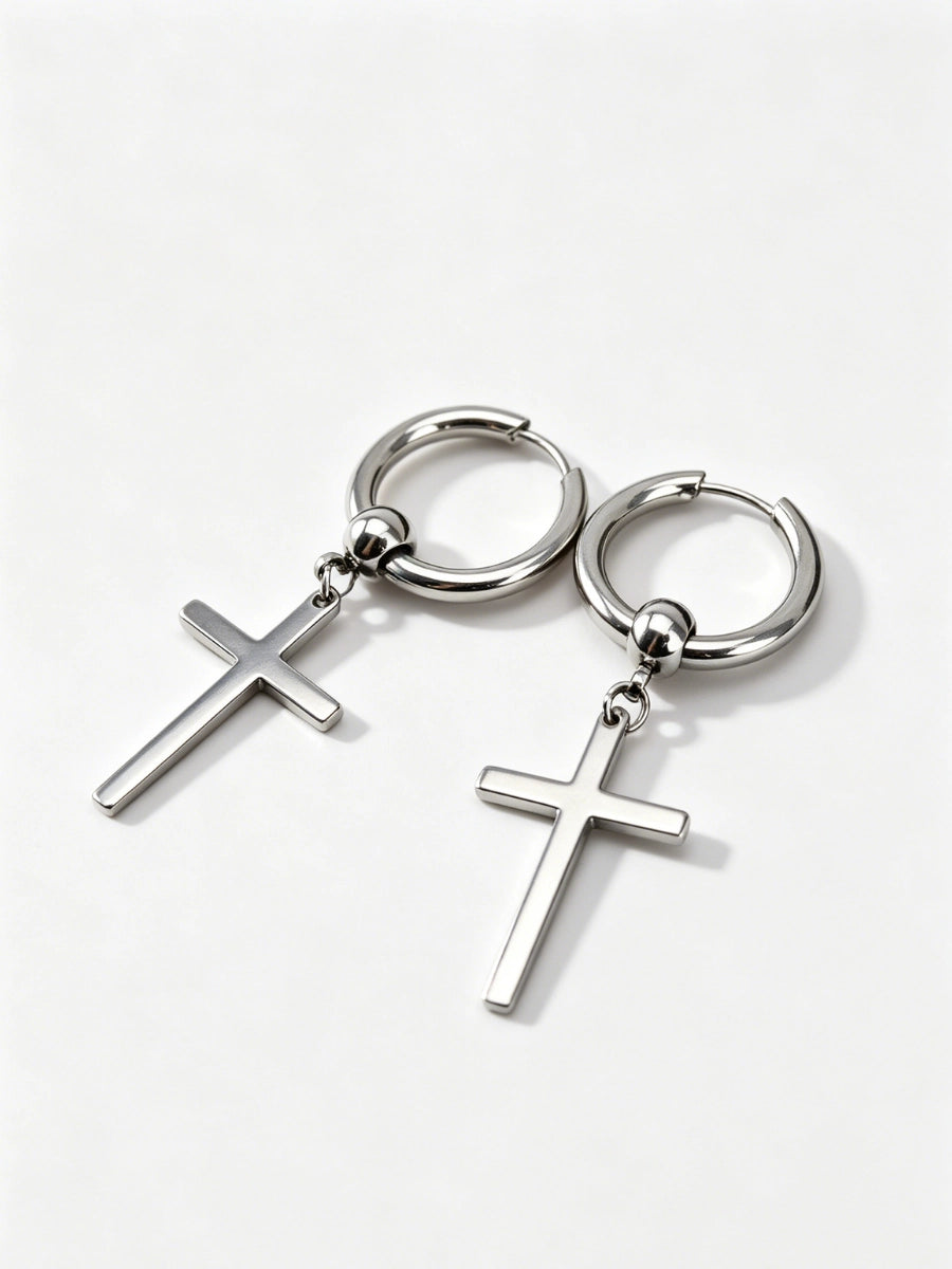inimalist Silver Cross Hoop Earrings