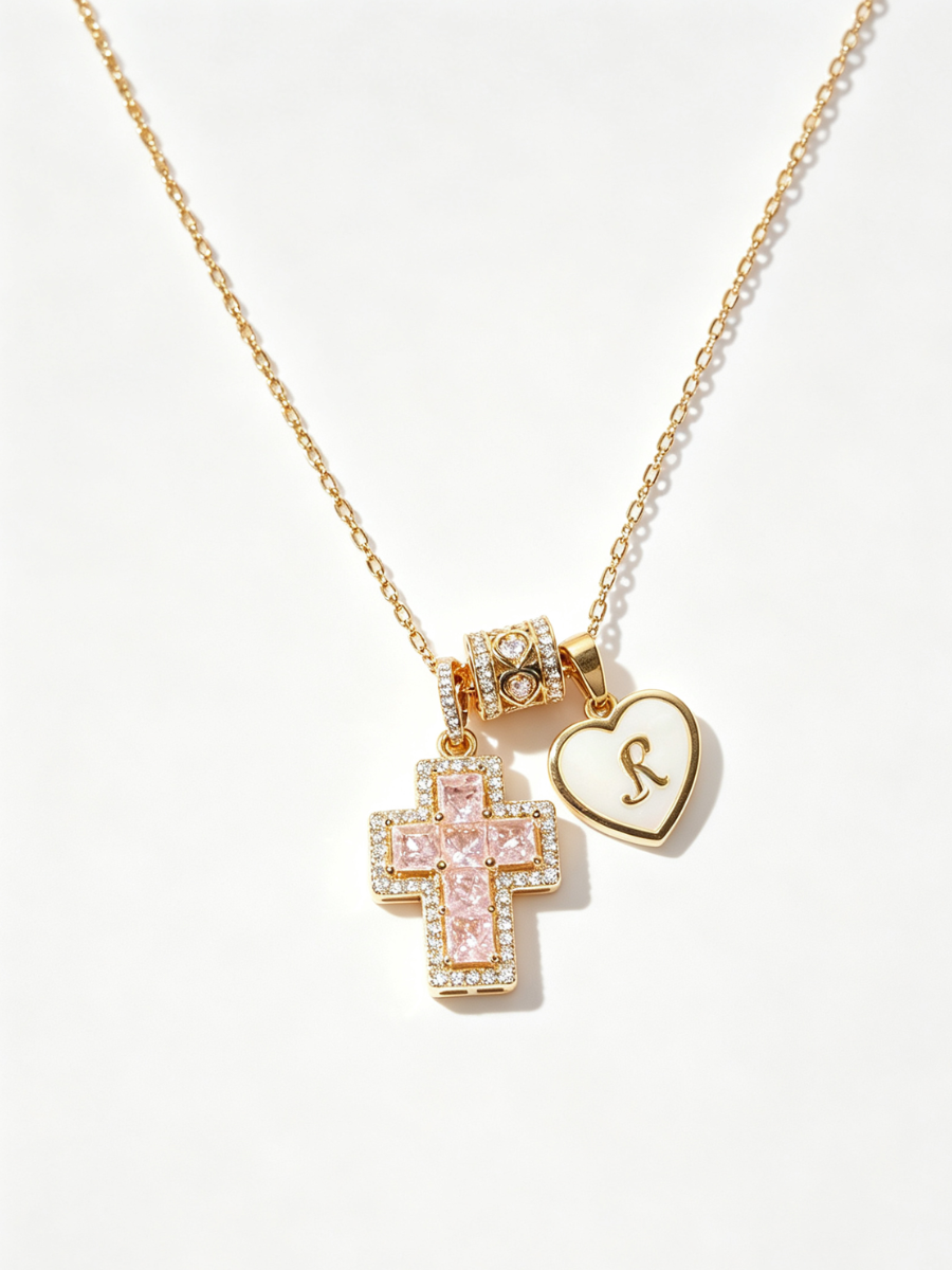 Custom Heart-Shaped Pearl Initial Cross Necklace