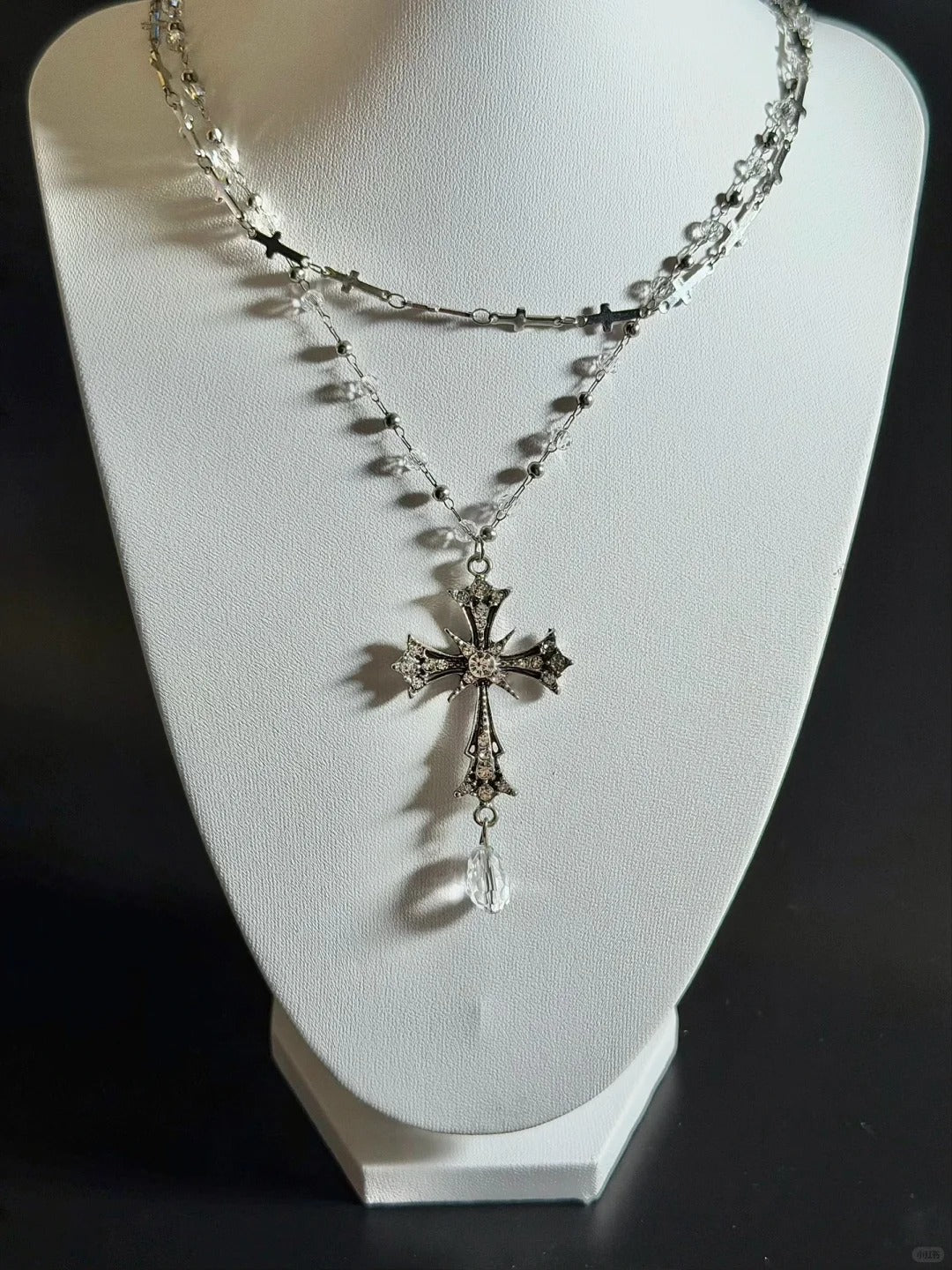 Vintage Crystal Cross Rosary Necklace