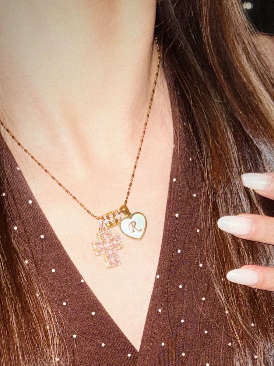 Custom Heart-Shaped Pearl Initial Cross Necklace