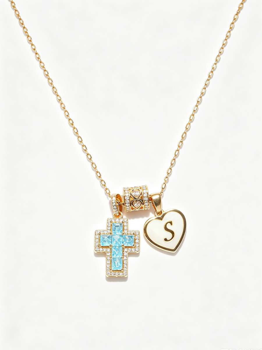 Custom Heart-Shaped Pearl Initial Cross Necklace
