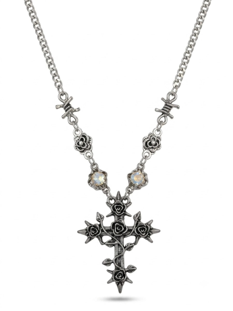 Gothic Thorn Rose Cross Necklace