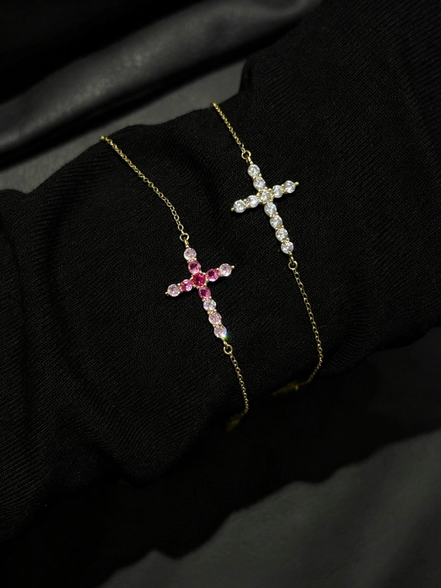 Sparkling Zircon Cross Chain Bracelet