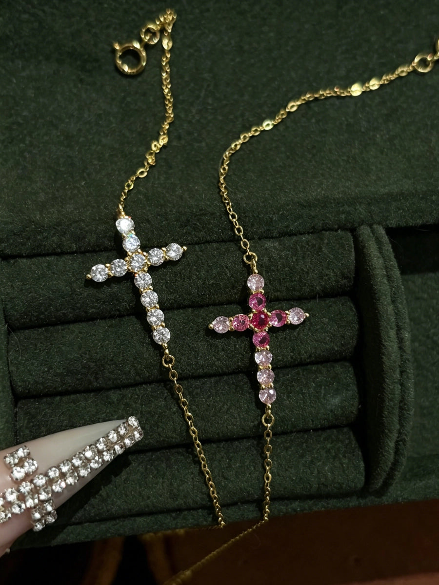 Sparkling Zircon Cross Chain Bracelet