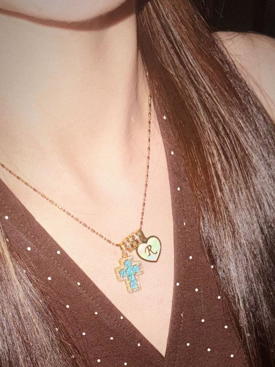 Custom Heart-Shaped Pearl Initial Cross Necklace