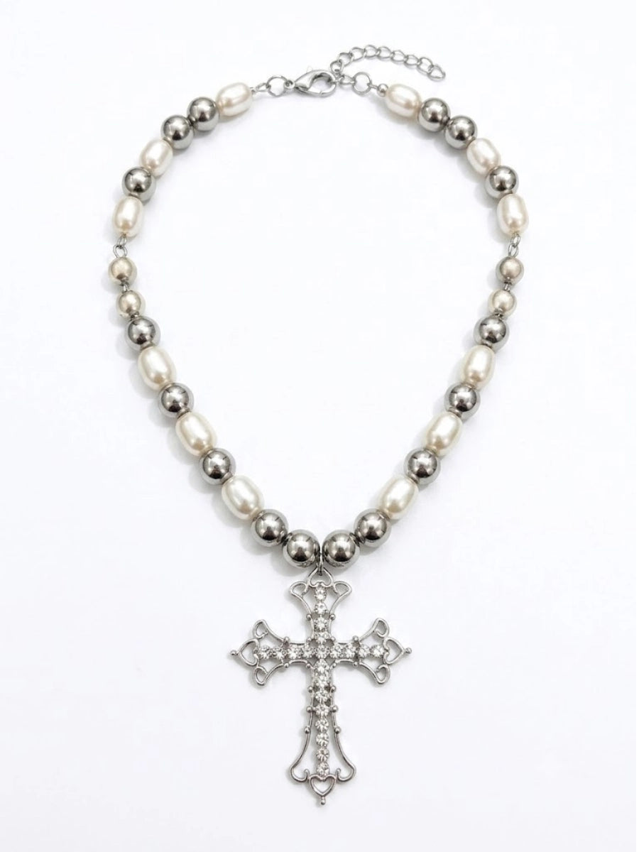 Baroque Pearl Crystal Cross Necklace