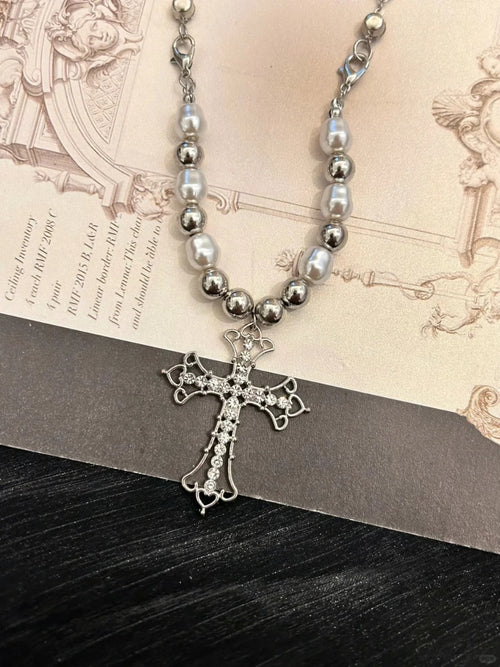 Baroque Pearl Crystal Cross Necklace