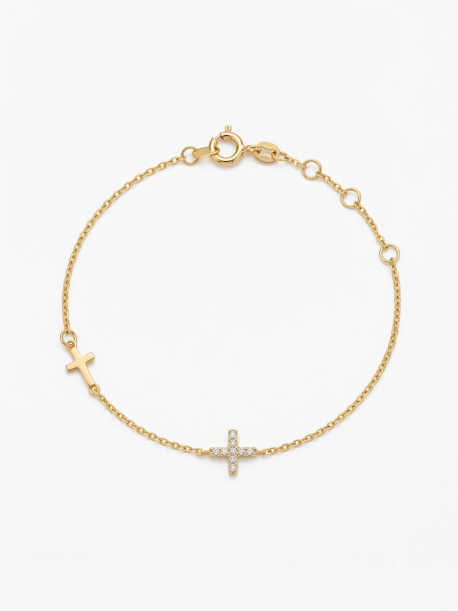 Dainty Gold Dual Cross Charm Bracelet
