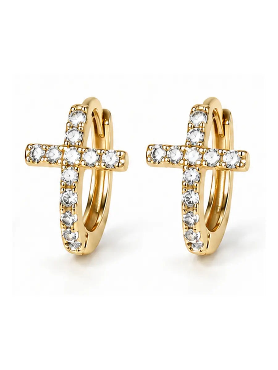 Dainty Crystal Cross Hoop Earrings — S925 Sterling Silver