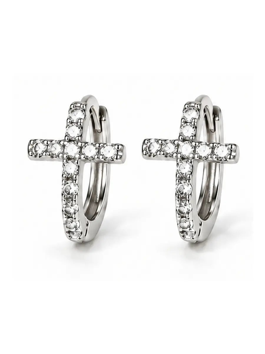 Dainty Crystal Cross Hoop Earrings — S925 Sterling Silver