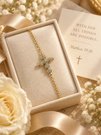 Bezel Crystal Gold Cross Bracelet styled as a meaningful Christian gift with elegant packaging, flowers, and faith-inspired presentation.