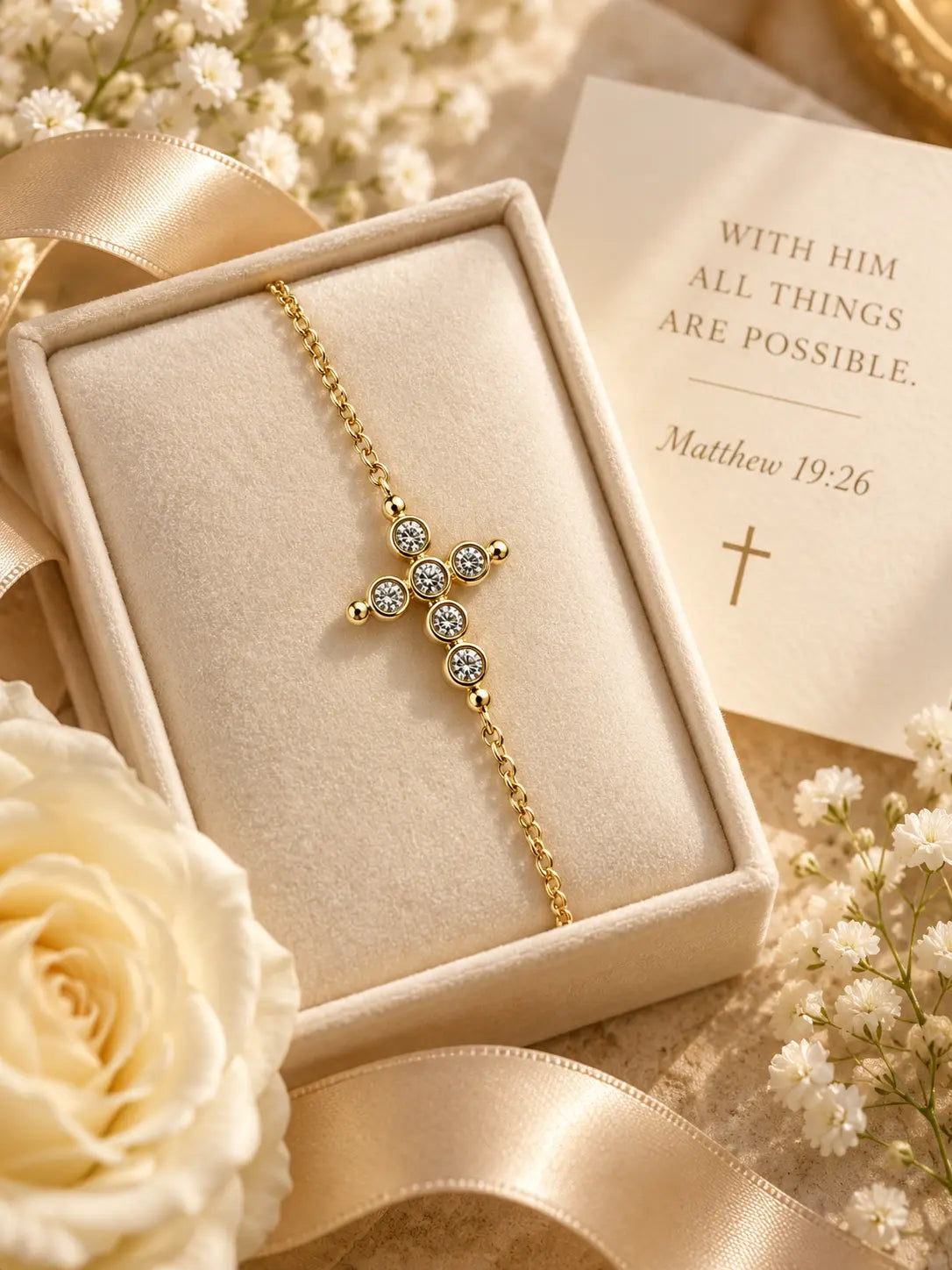 Bezel Crystal Gold Cross Bracelet styled as a meaningful Christian gift with elegant packaging, flowers, and faith-inspired presentation.