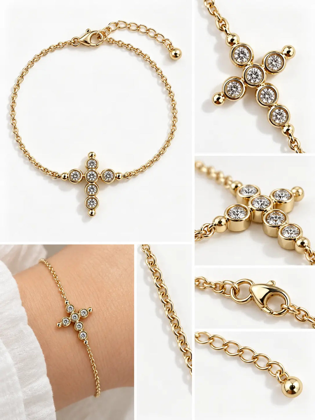 Close-up detail of Bezel Crystal Gold Cross Bracelet showing crystal cross charm, bezel settings, gold chain links, and jewelry craftsmanship.
