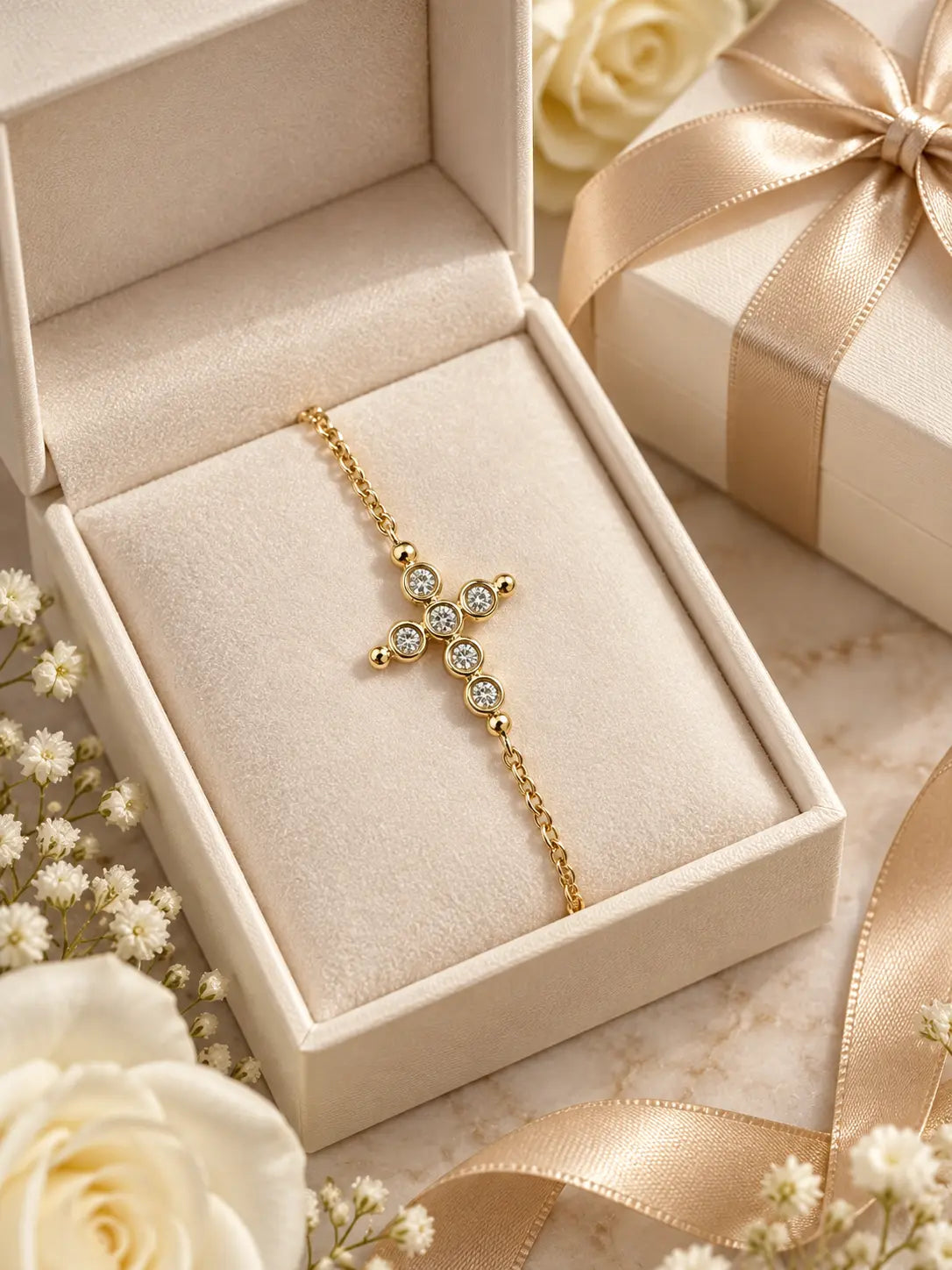 Bezel Crystal Gold Cross Bracelet presented in a premium jewelry gift box, elegant Christian jewelry packaging for meaningful gifts.
