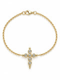 Bezel Crystal Gold Cross Bracelet with sparkling crystal cross centerpiece on a white background, delicate Christian faith jewelry design.