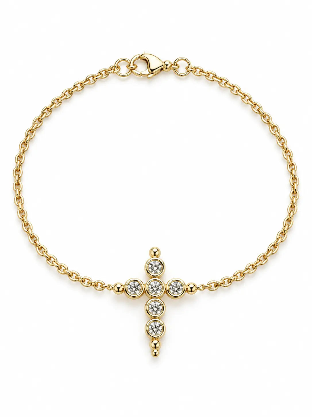 Bezel Crystal Gold Cross Bracelet with sparkling crystal cross centerpiece on a white background, delicate Christian faith jewelry design.