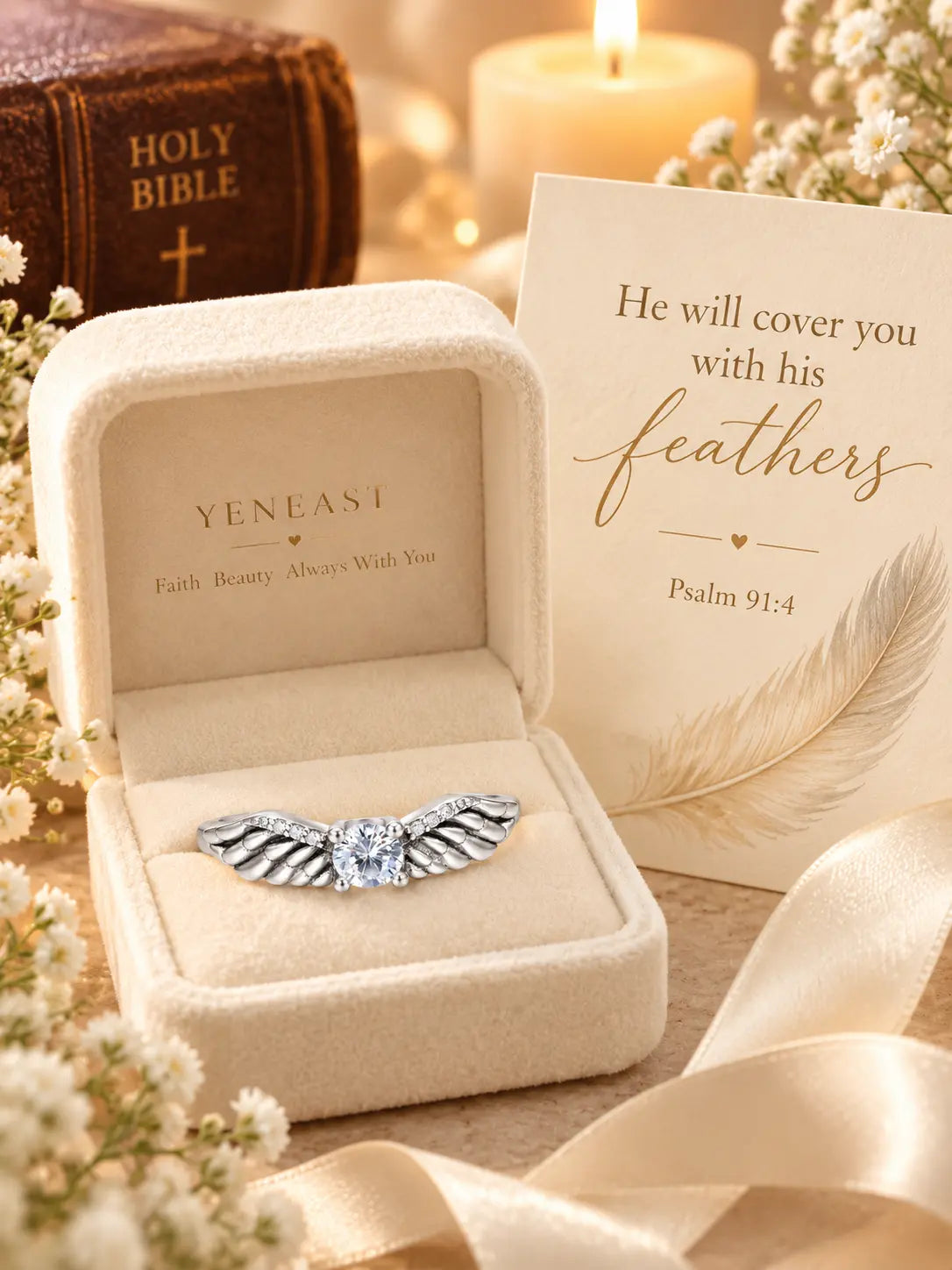 Yeneast angel wing ring presented as a Christian faith gift inspired by Psalm 91:4 and the message of refuge under His wings.