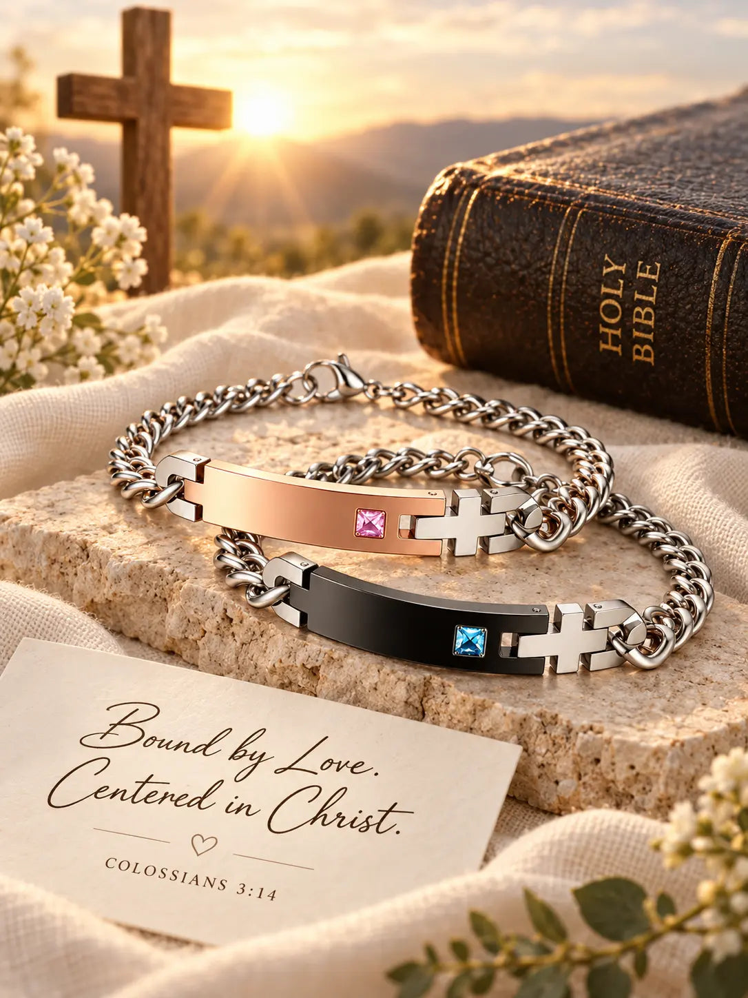 Personalized Cross Couple Bracelets — Engravable Christian Gift