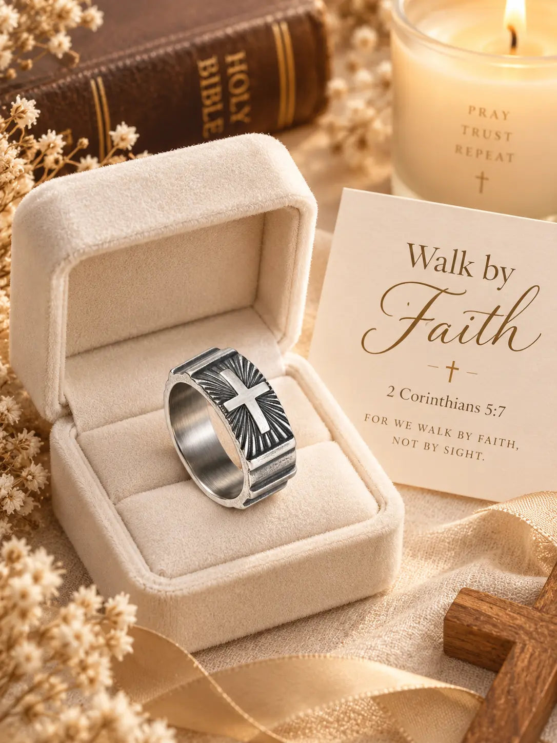 Yeneast Christian cross ring presented as a faith gift with a Walk by Faith card inspired by 2 Corinthians 5:7.