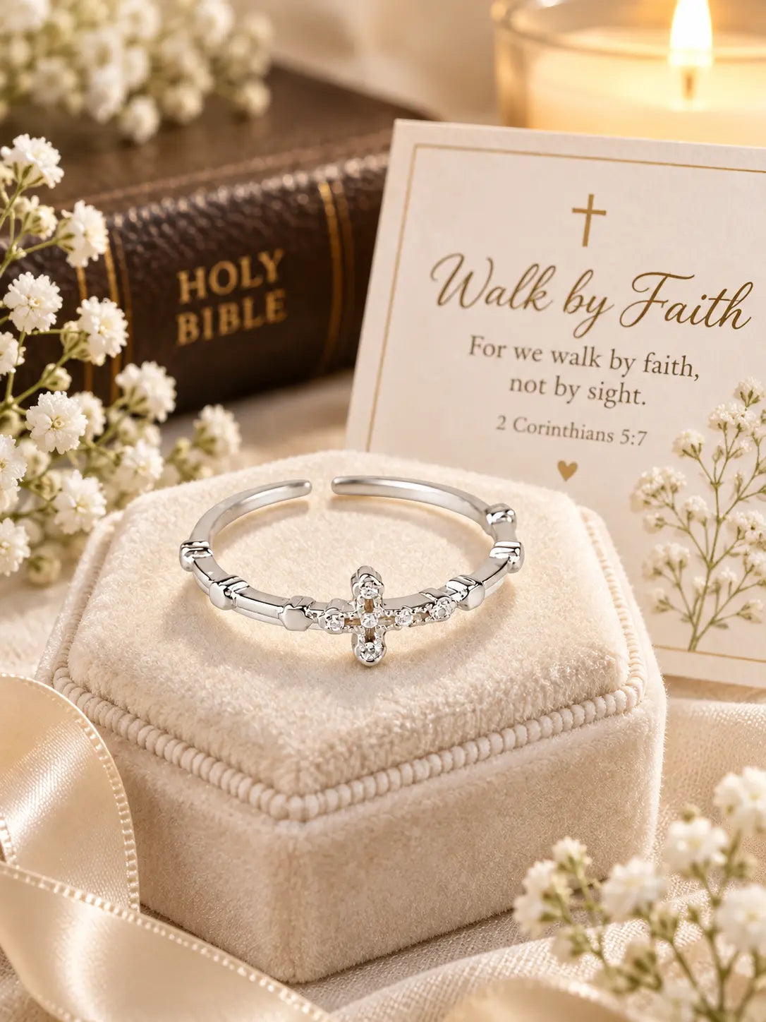Yeneast dainty crystal cross open ring presented as a Christian faith gift with a Walk by Faith message inspired by 2 Corinthians 5:7.