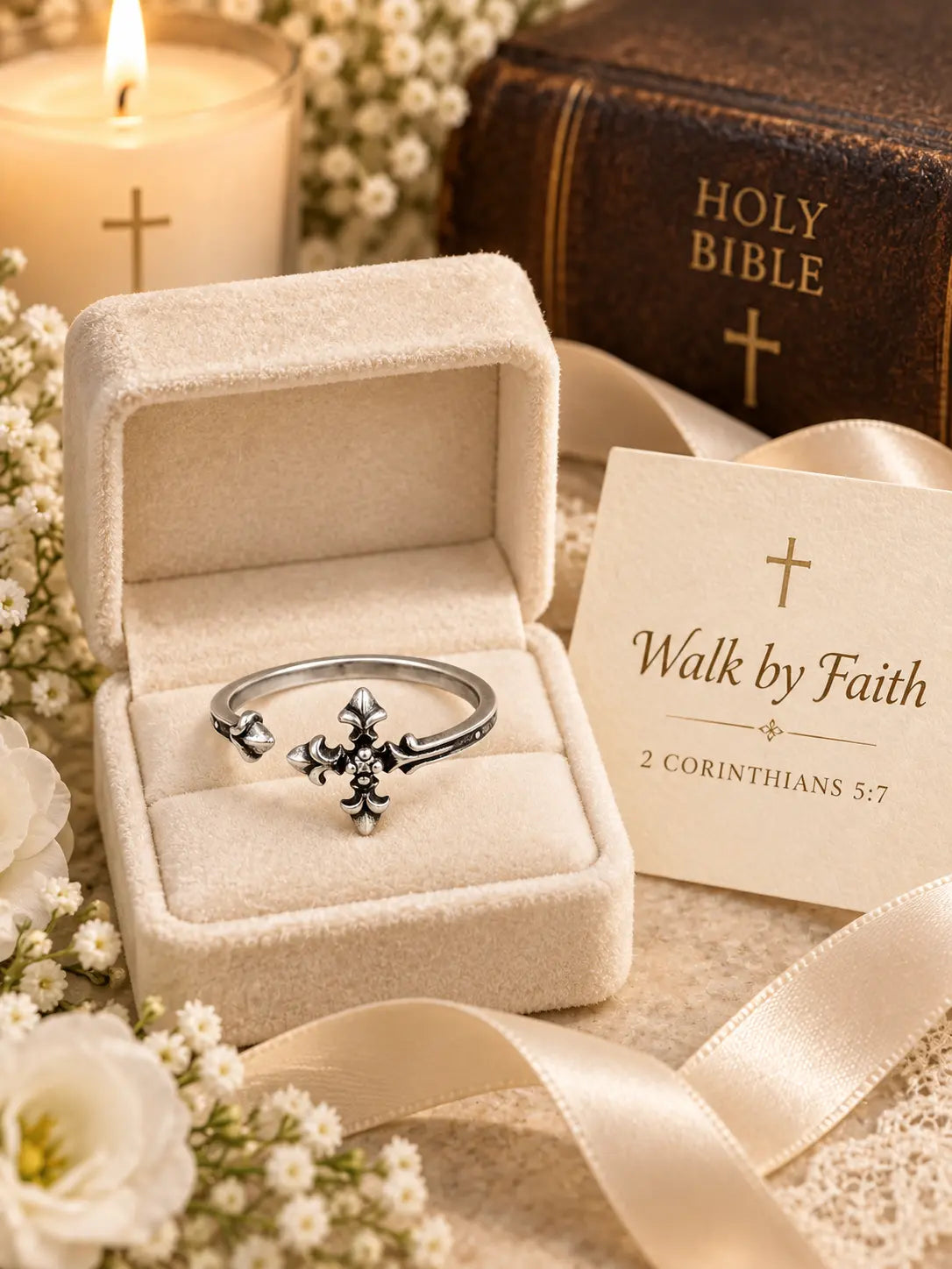 Yeneast gothic cross open ring presented as a Christian faith gift with a Walk by Faith message inspired by 2 Corinthians 5:7.