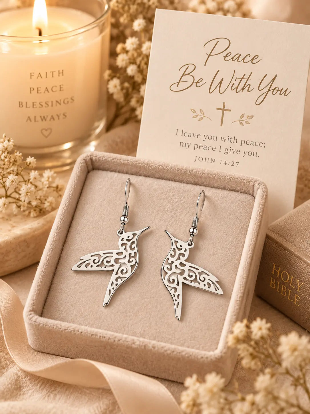 Yeneast hummingbird earrings presented as a Christian faith gift with a Peace Be With You card inspired by John 14:27.