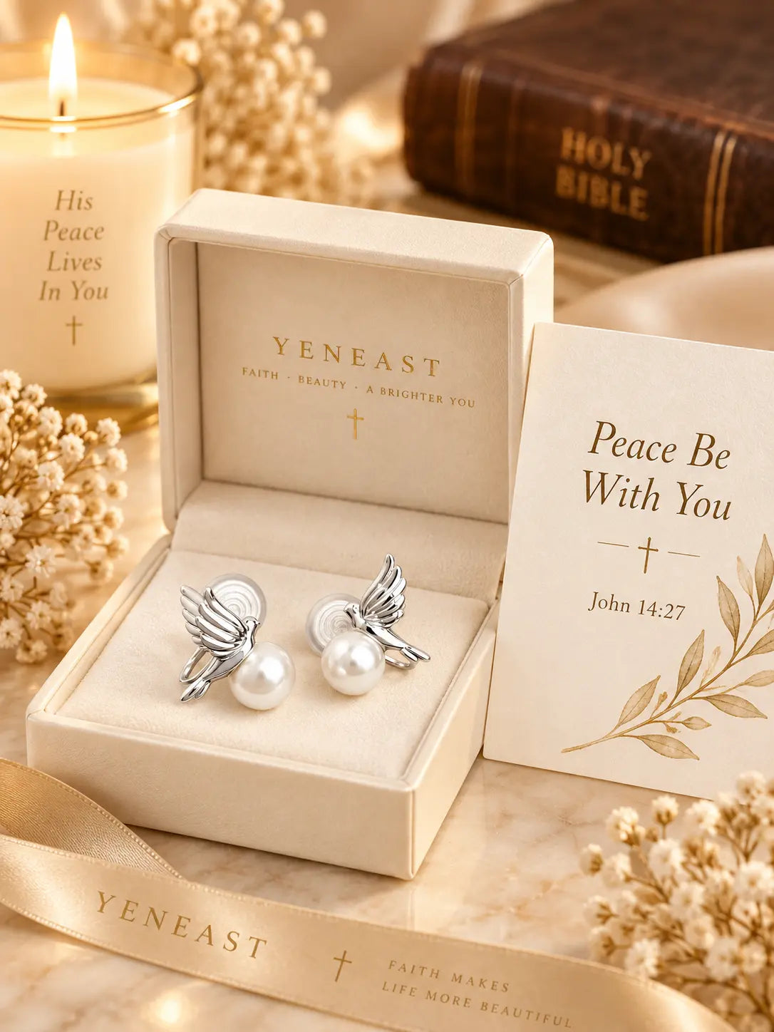 Yeneast silver dove pearl stud earrings displayed as a Christian faith gift inspired by John 14:27.