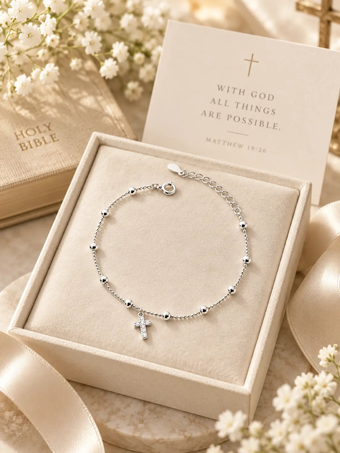 Classic Silver Bead Cross Bracelet displayed as a Christian faith gift with elegant styling, flowers, ribbon, and an inspirational scripture card.