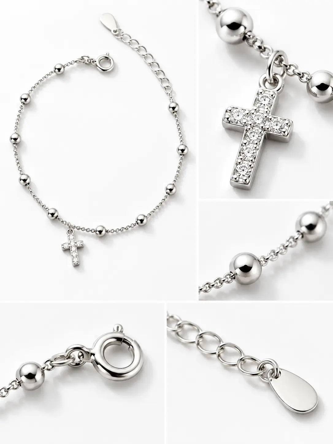 Close-up detail collage of the Classic Silver Bead Cross Bracelet showing the silver bead chain, crystal cross charm, clasp, extender chain, and craftsmanship.