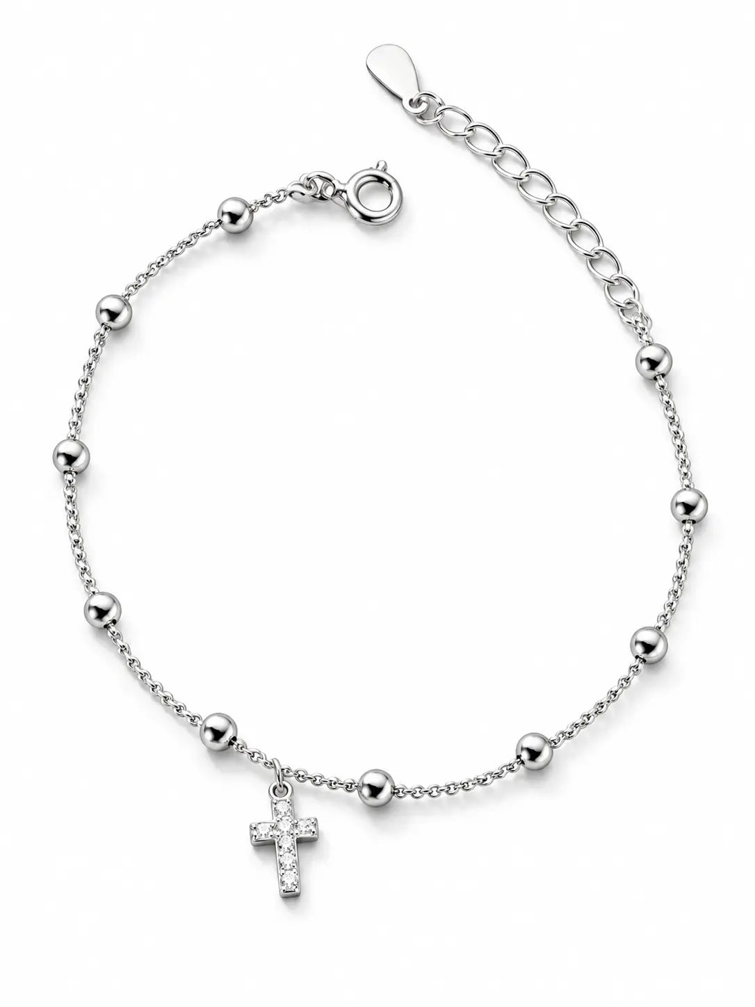 Classic Silver Bead Cross Bracelet on a white background, featuring a delicate silver chain, polished bead accents, and a crystal cross charm.