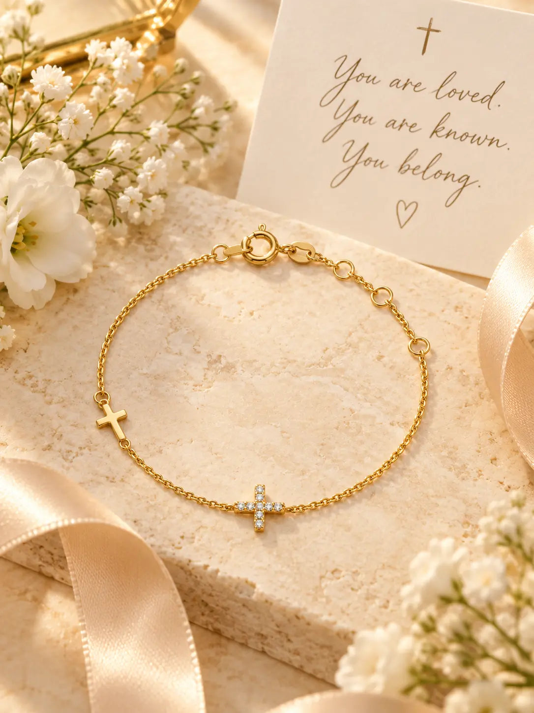 Dainty Gold Dual Cross Charm Bracelet displayed as a Christian gift with flowers, ribbon, and a faith-inspired message card.