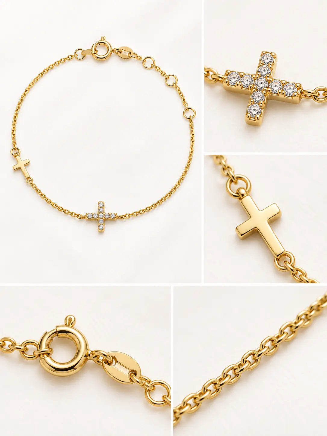 Close-up detail collage of the Dainty Gold Dual Cross Charm Bracelet, showing the crystal cross, polished gold cross, clasp, and fine chain craftsmanship.