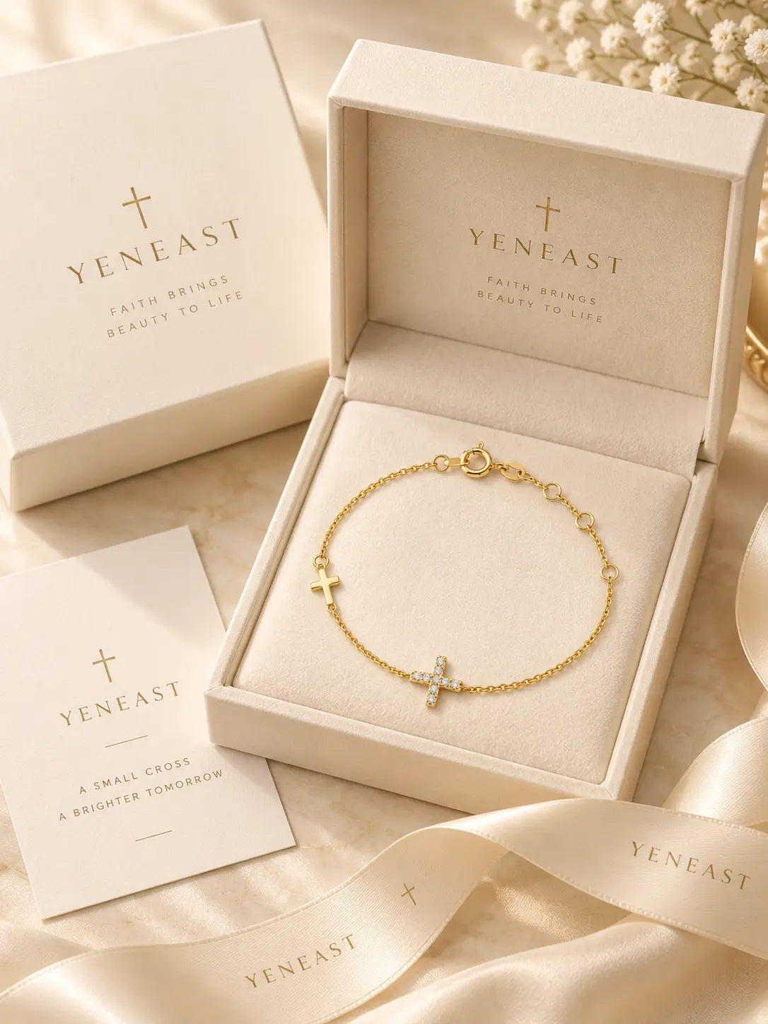 Dainty Gold Dual Cross Charm Bracelet presented in a YENEAST gift box with elegant Christian jewelry packaging.