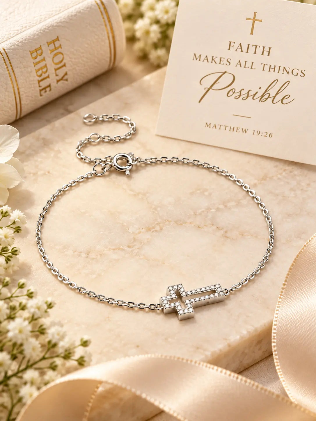 Dainty Hollow Cross Bracelet displayed as a Christian faith gift with a Bible, flowers, ribbon, and inspirational message card.