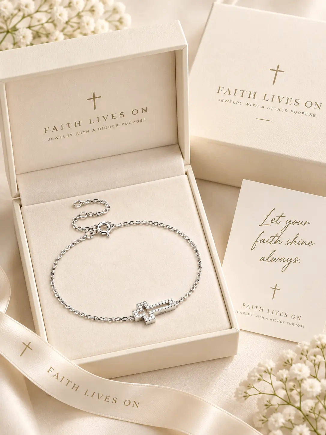 Dainty Hollow Cross Bracelet presented in an elegant jewelry gift box with premium Christian jewelry packaging.
