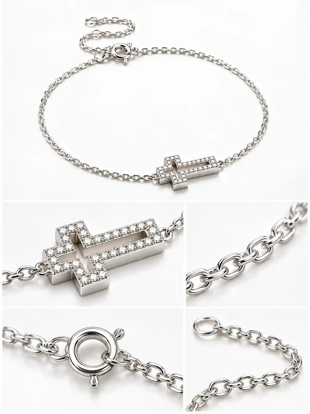 Close-up detail of the Dainty Hollow Cross Bracelet showing the pavé stone cross charm, silver chain links, clasp, and jewelry craftsmanship.