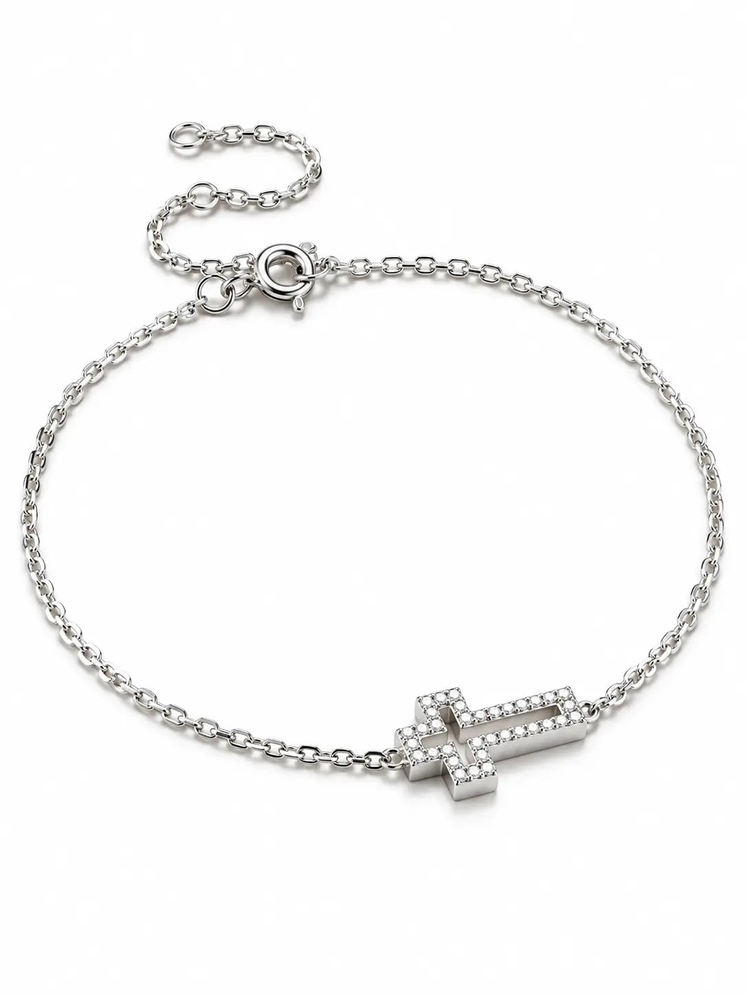 Dainty Hollow Cross Bracelet in silver on a white background, featuring a minimalist pavé cross charm with a delicate chain design.