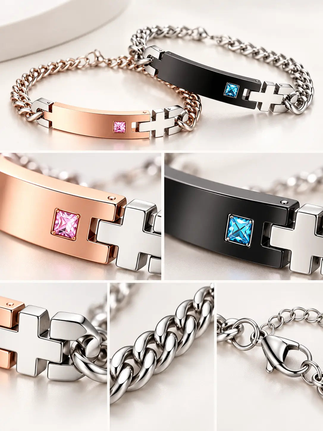 Personalized Cross Couple Bracelets — Engravable Christian Gift