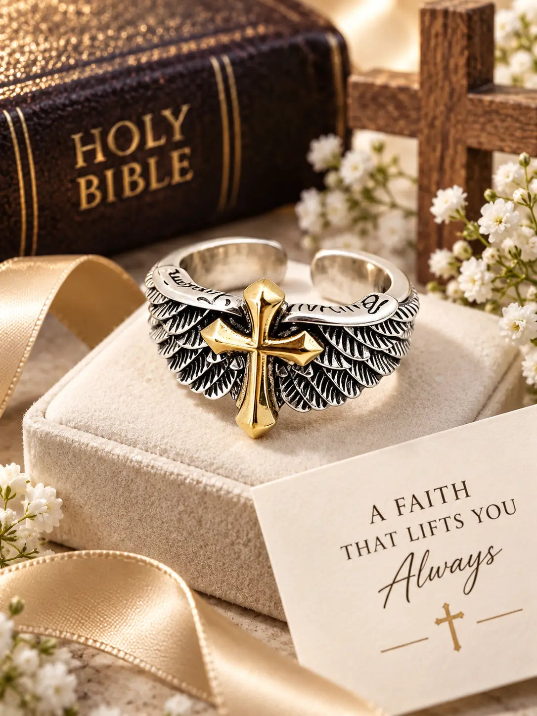 Gothic Angel Wing Cross Ring displayed as a Christian faith gift with Bible, flowers, ribbon, and an inspirational message card.