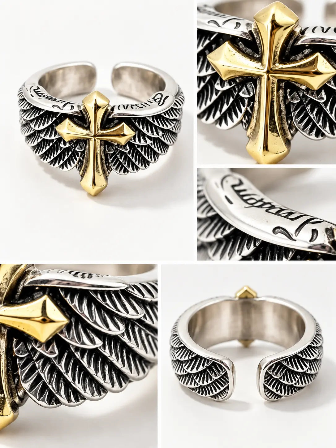 Close-up detail collage of the Gothic Angel Wing Cross Ring showing engraved wing textures, gold cross centerpiece, open band, and craftsmanship.