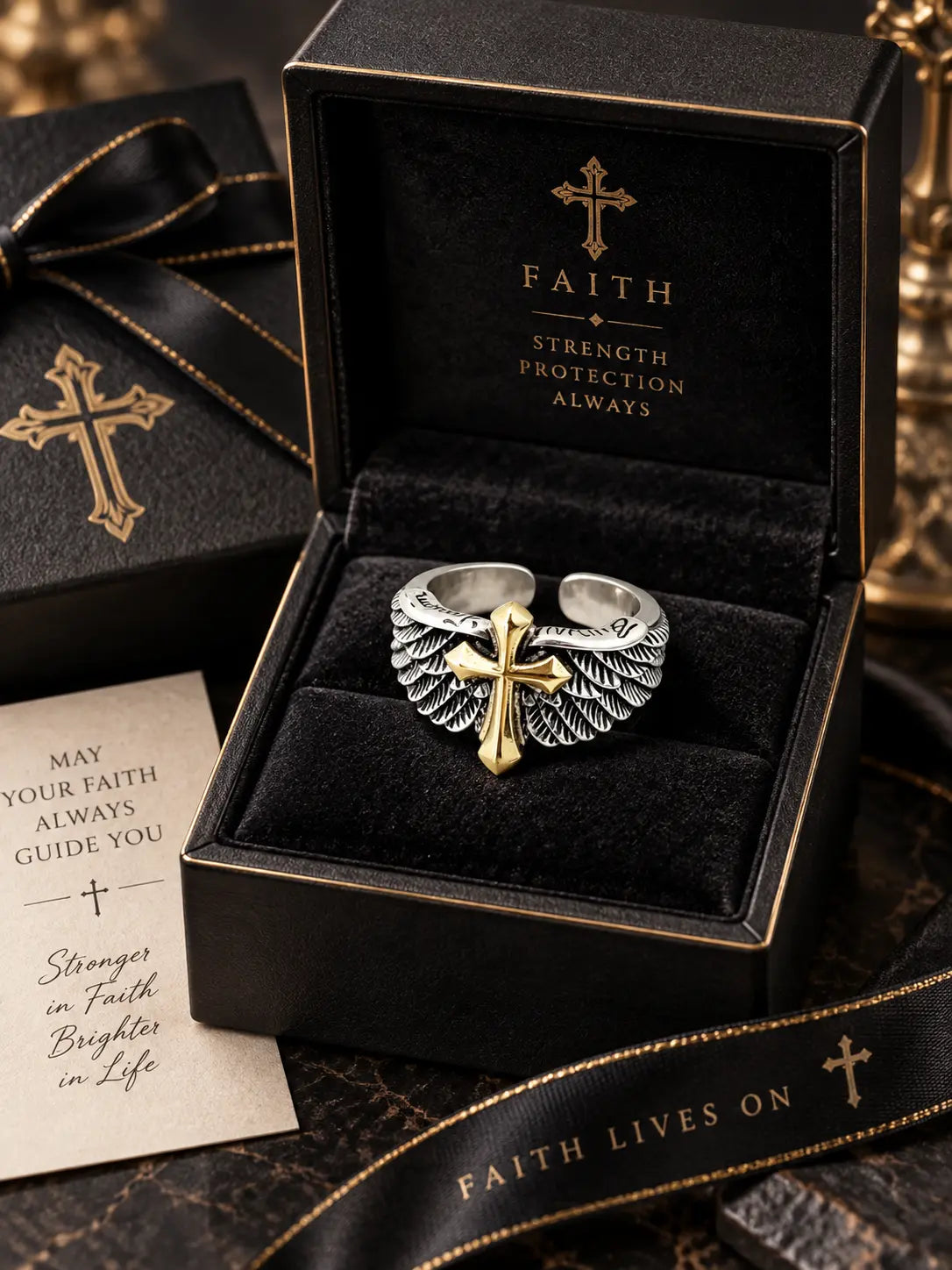 Gothic Angel Wing Cross Ring presented in a premium gift box with elegant Christian jewelry packaging.