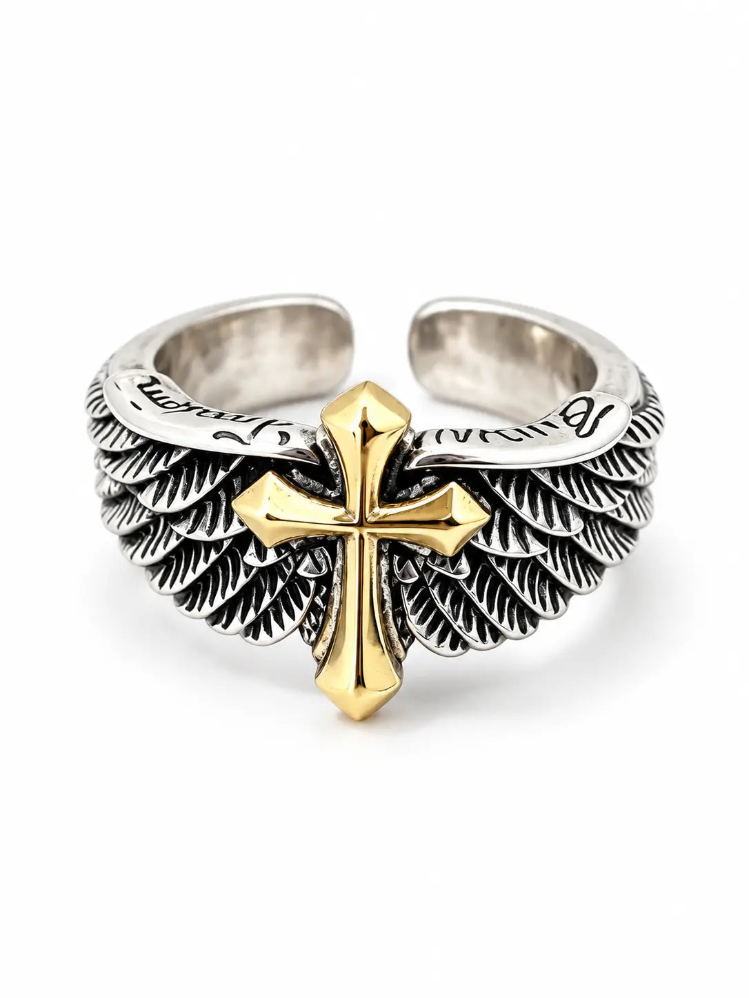 Gothic Angel Wing Cross Ring on a white background, featuring detailed silver wings and a bold gold cross centerpiece.