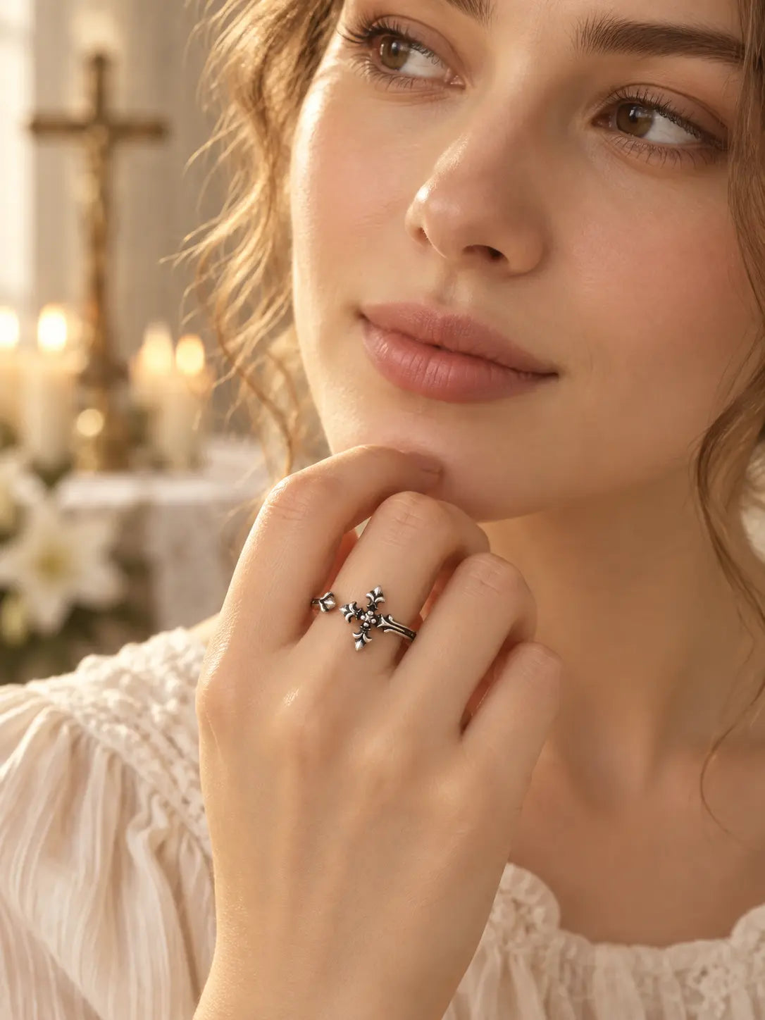 Woman wearing a Yeneast vintage silver-tone gothic cross open ring in a soft Christian-inspired setting.